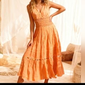 Boho Peach Crochet Waist Midi Dress Size S/M Sleeveless Tie Back Summer Festival